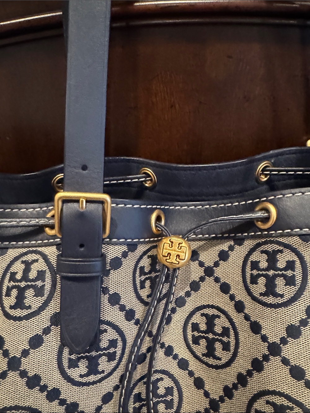 Tory Burch Navy and Beige Logo Canvas Drawstring Tote with Leather Trim - Picture 7 of 11